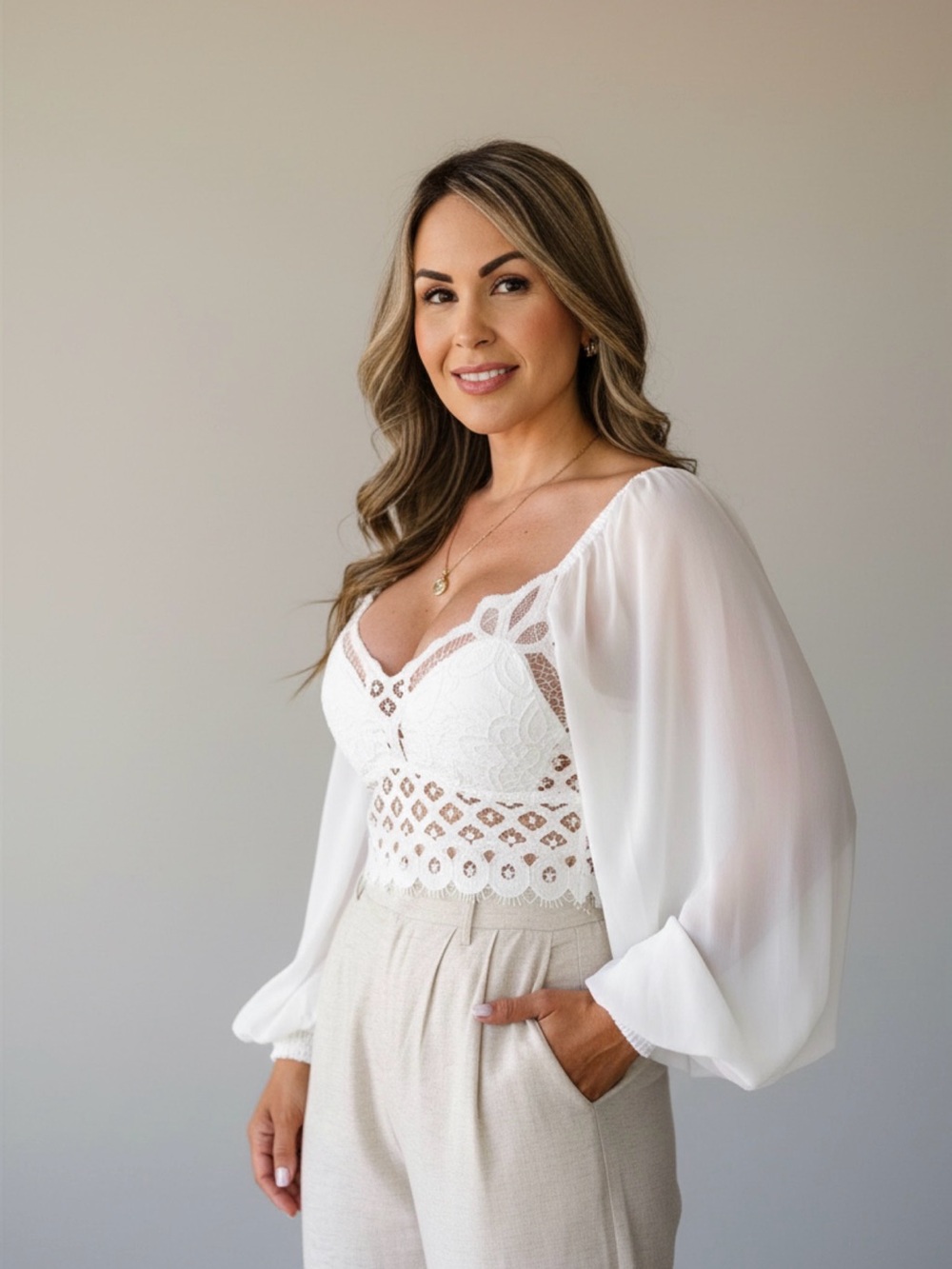 NWT Flying Tomato White Lace Blouse with Sheer Balloon Sleeves Smocked Back